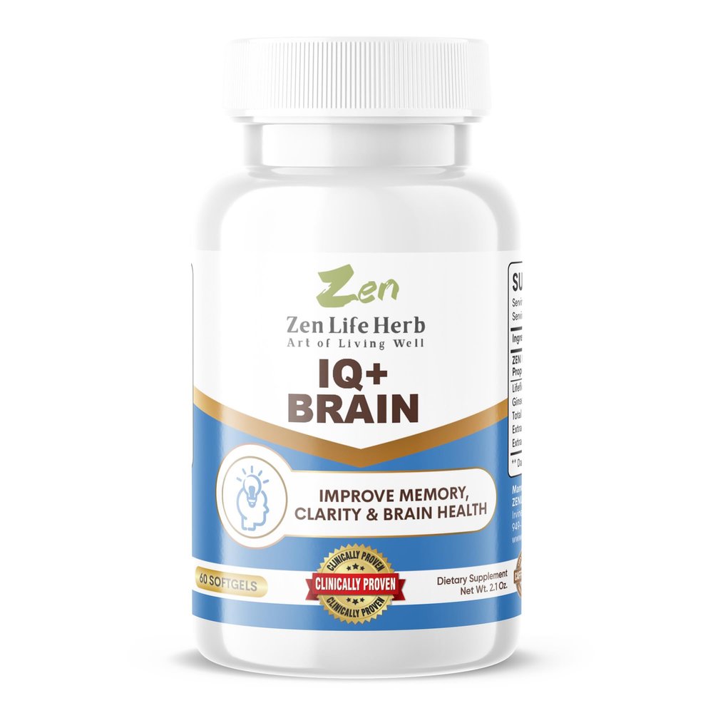 ZEN LIFE HERB IQ+ Brain - Caffeine-Free, Clinically Tested Focus, Concentration, Memory & Energy, Natural Plant-Based Herbal Supplement, No Added Vitamins/Minerals/Mushroom/Sugar (60 Softgels)