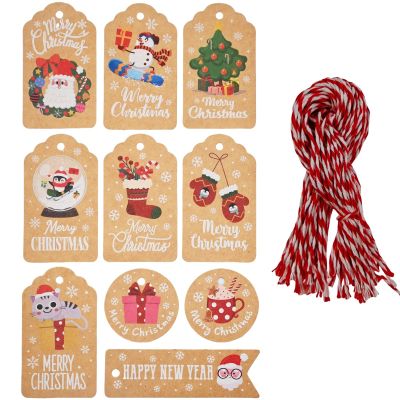 RIKWOG 50Pcs Christmas Tags, 10 Styles Xmas Kraft Paper Gift Tag Hang Labels with String for Christmas Wrap DIY Xmas Present