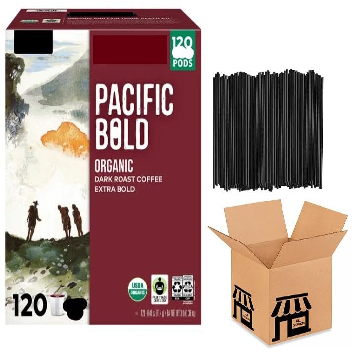 NineLife Basics Kirklan'd Signatur'e Pacific Bold Organic Dark Roast Coffee K' Cups - 120 Count Value Box Coffee Pods Single Serve With KLJ Stirrers
