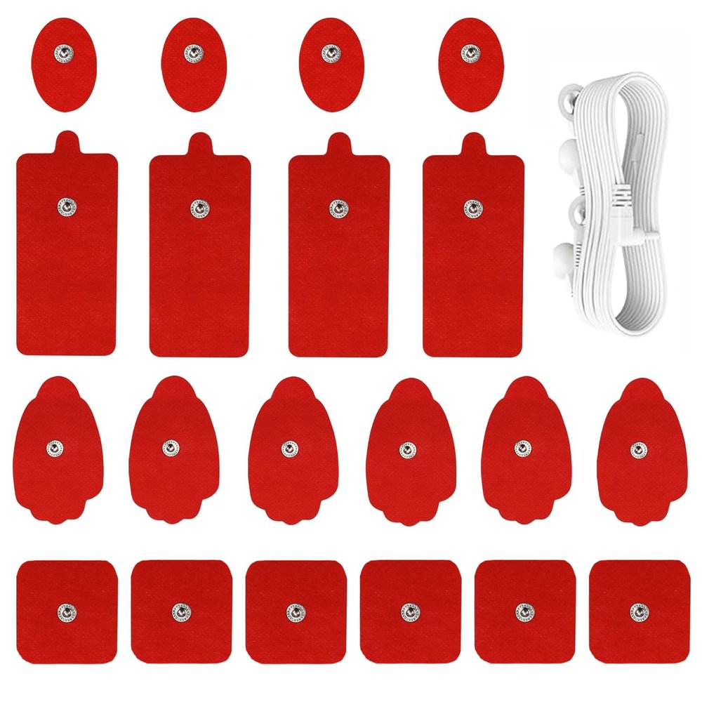 20 Pack TENS Unit Electrode Pads + 1/4 Wire Cable Combination Set. Reusable Premium Hydrogel Self-Adhesive Replacement Pads, Compatible with Belifu, AVCOO, NURSAL, TENS 7000, AUVON, Neocarbon (red)