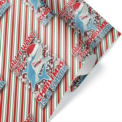 Giftini Funny Shark Wrapping Paper, Kids Xmas Holiday Wrapping Paper, All I Want for Christmas (Red, 12 foot x 30 inch roll)
