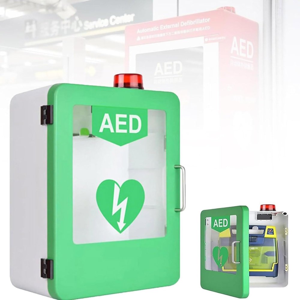 AED Defibrillator Storage Cabinet, Wall-Mounted Storage Box First Aid Cabinet with Alarm System and Double Switch Control, Partition Position Adjustable, Fits Most AED Models