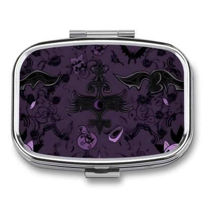 Purple Black Goth Spooky Pill Box Cute Square Pill Case Portable Medicine Tablet Vitamin Holder Organizer for Purse Pocket