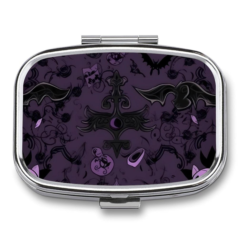 Purple Black Goth Spooky Pill Box Cute Square Pill Case Portable Medicine Tablet Vitamin Holder Organizer for Purse Pocket