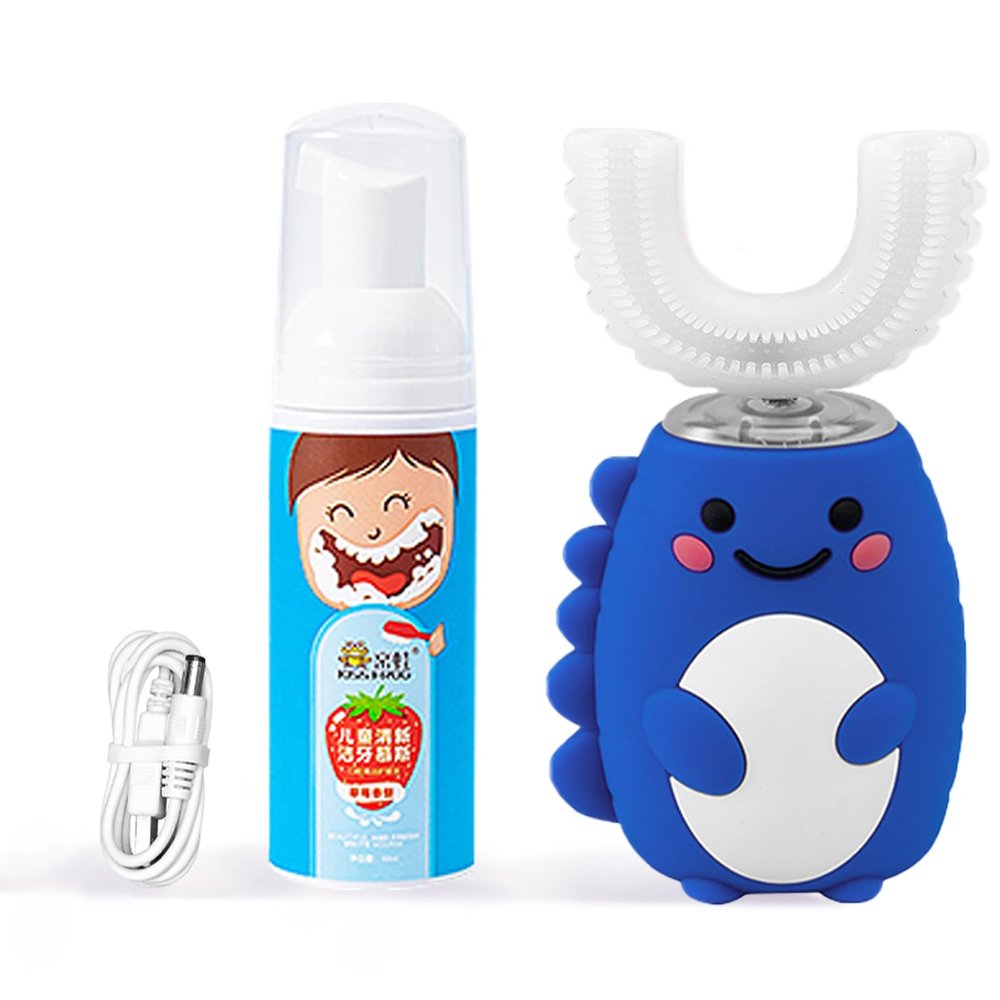 Electric Toothbrush Kids U Shaped with Specialized Foam Toothpaste, Fun Cartoon Dinosaur 360-Degree Cleaning IPX7 Waterproof Design (2-12 Age (Blue))