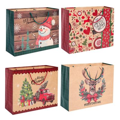 12 Extra large Christmas Gift Paper Bags Bulk with handles -4 Designs Jumbo oversized sacks set for Wrapping Gaint Xmas Holiday Presents