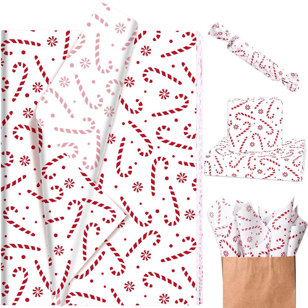 Bolsome 100 Sheets 20 * 14 Inches Candy Cane Tissue Paper for Gift Wrapping Red White Candy Candy Tissue Paper for Gift Bags for Birthday Party Winter Holidays Christmas Party DIY Craft