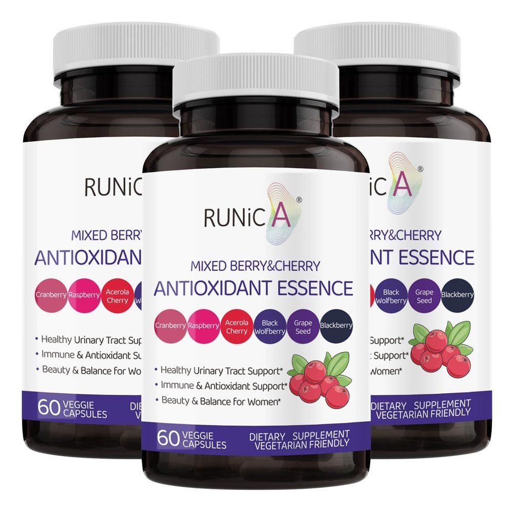 RUNICA 6X 6-in-1 Mixed Berry & Cherry Antioxidant Supplement - Urinary Tract Health & Immune Support - 180 Vegan Capsules, 90-Day Ultimate Supply
