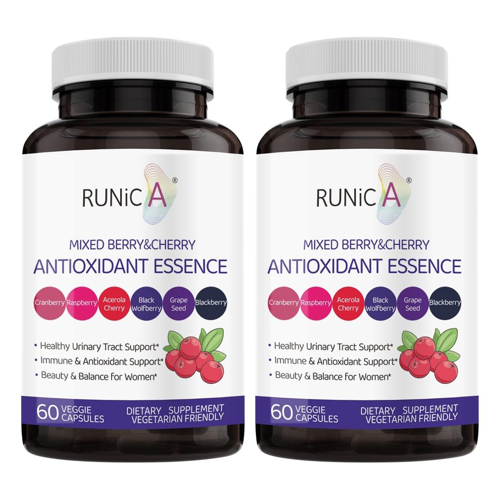 RUNICA 6X 6-in-1 Mixed Berry & Cherry Antioxidant Supplement - 6-Berry Extract for Even Skin Tone & Urinary Tract Health - 120 Vegan Capsules, 60-Day Routine Bundle