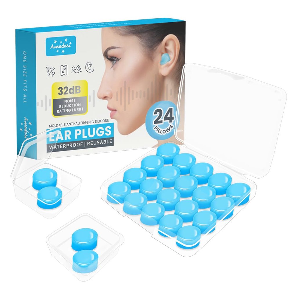 AMODOST Ear Plugs for Sleeping & Snoring - 12 Pairs Moldable Silicone Gel Earplugs for Noise Cancelling, Swimming, Airplane, 32 dB NRR Reusable Waterproof Ear Plugs for Men Women (Blue)