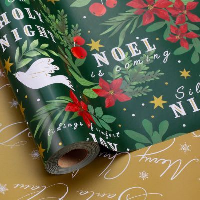 Homeral Reversible Christmas Wrapping Paper Roll - Gold Printed Fly Dove, Poinsettia Flower, Hexagram Star, Letterings for Christmas, New Year Celebration - 17 Inch x 33 Ft(46.8 sq.ft.ttl.)