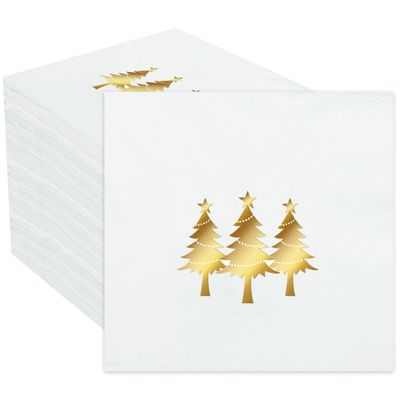 100 PCS Christmas Cocktail Napkins Christmas Gold Foil Paper Napkin Xmas Tree Disposable Napkins 3 Ply White and Gold Beverage Napkin for Xmas Holiday Kitchen Dinner Party Supplies, 5 x 5 Inch