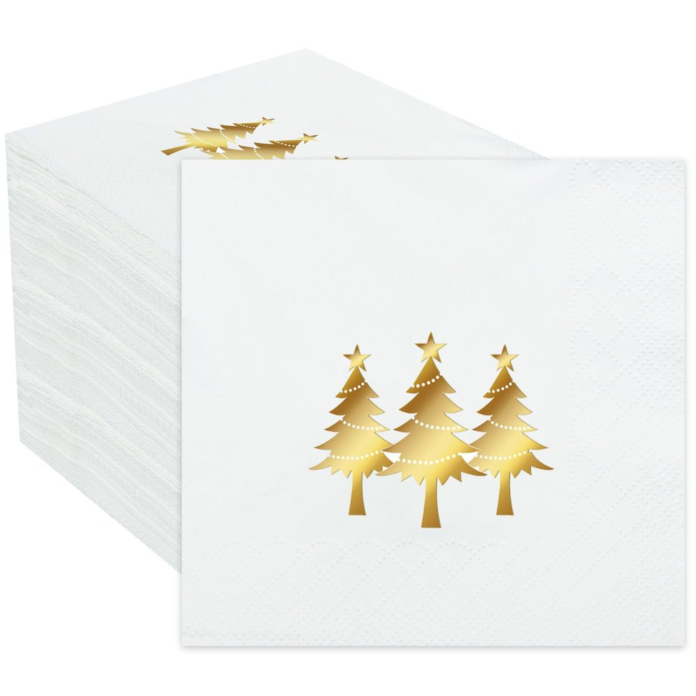100 PCS Christmas Cocktail Napkins Christmas Gold Foil Paper Napkin Xmas Tree Disposable Napkins 3 Ply White and Gold Beverage Napkin for Xmas Holiday Kitchen Dinner Party Supplies, 5 x 5 Inch
