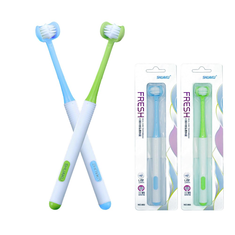 CMHX 3 Sided Autism Toothbrush 360 Oral Teeth Cleaning Design U-Shaped Toothbrush 2 PCS Adult Soft Bristles Soft and Gentle for Complete Tooth and Gum Care (Blue + Green)