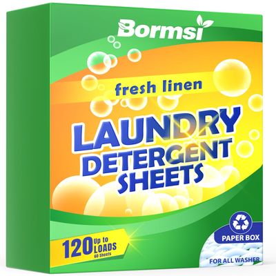 BORMSI Laundry Detergent Sheets Fresh Scent 120 Loads No Plastic Jug, Travel Laundry Soap Detergent 60 Sheets