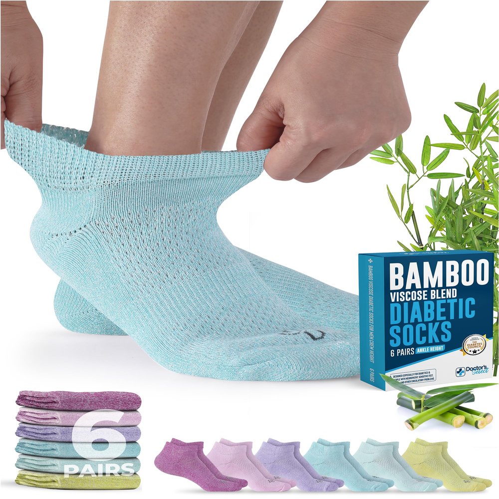 Doctor's Select Viscose Bamboo Ankle Diabetic Socks for Women and Men - 6 Pairs | Diabetic Ankle Socks for Men | Neuropathy Socks for Women | Pink, Light Pink, Purple, Blue, Green, Yellow