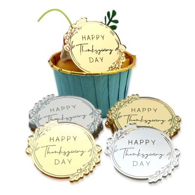12 Pieces Round Floral Happy Thanksgiving Acrylic Cupcake Disc, Thanksgiving Mini Cake Topper Party Supplies