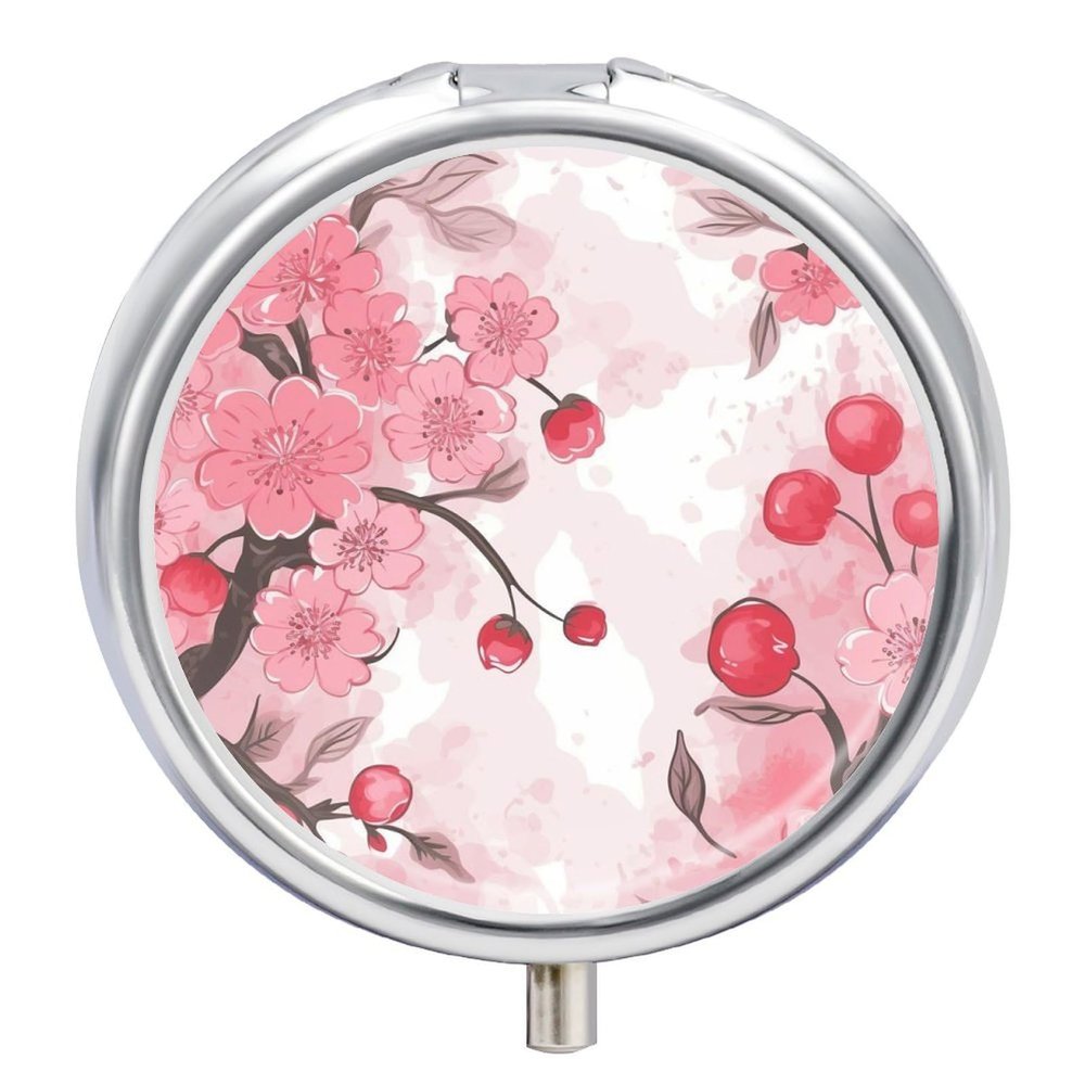 Pill Box Pill Case 3 Compartment Travel Pill Box Cherry Floral Arnea Printing Small Pill Box Portable Medicine Pill Case Pill Organizer for Purse & Pocket for Travel Handbag (Round)