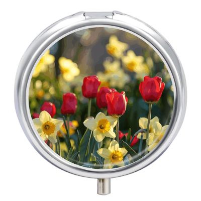 Pill Box Pill Case 3 Compartment Travel Pill Box Tulips in The Garden Printing Small Pill Box Portable Medicine Pill Case Pill Organizer for Purse & Pocket for Travel Handbag (Round)