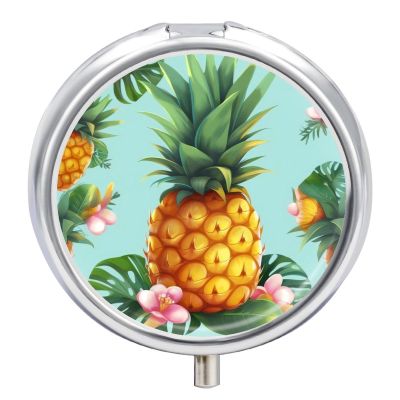 Pill Box Pill Case 3 Compartment Travel Pill Box Tropical Pineapple Printing Small Pill Box Portable Medicine Pill Case Pill Organizer for Purse & Pocket for Travel Handbag (Round)
