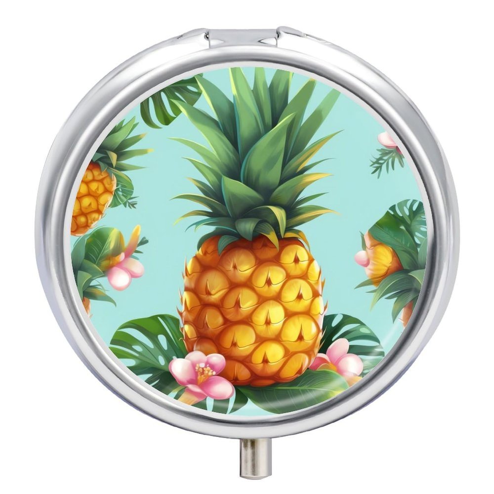Pill Box Pill Case 3 Compartment Travel Pill Box Tropical Pineapple Printing Small Pill Box Portable Medicine Pill Case Pill Organizer for Purse & Pocket for Travel Handbag (Round)