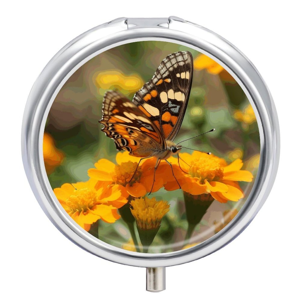 Pill Box Pill Case 3 Compartment Travel Pill Box Wildflower Butterfly Printing Small Pill Box Portable Medicine Pill Case Pill Organizer for Purse & Pocket for Travel Handbag (Round)