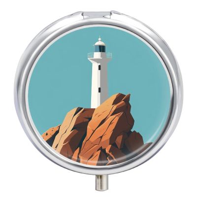 Pill Box Pill Case 3 Compartment Travel Pill Box White Lighthouse Image Printing Small Pill Box Portable Medicine Pill Case Pill Organizer for Purse & Pocket for Travel Handbag (Round)