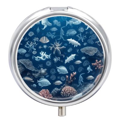 Pill Box Pill Case 3 Compartment Travel Pill Box Underwater Marine Life Printing Small Pill Box Portable Medicine Pill Case Pill Organizer for Purse & Pocket for Travel Handbag (Round)