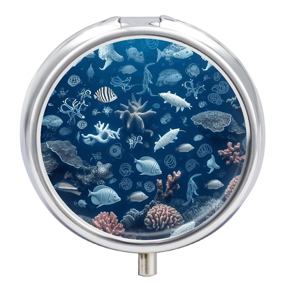 Pill Box Pill Case 3 Compartment Travel Pill Box Underwater Marine Life Printing Small Pill Box Portable Medicine Pill Case Pill Organizer for Purse & Pocket for Travel Handbag (Round)