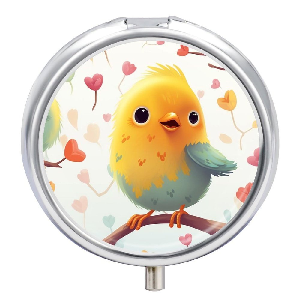 Pill Box Pill Case 3 Compartment Travel Pill Box Bird Cute Printing Small Pill Box Portable Medicine Pill Case Pill Organizer for Purse & Pocket for Travel Handbag (Round)