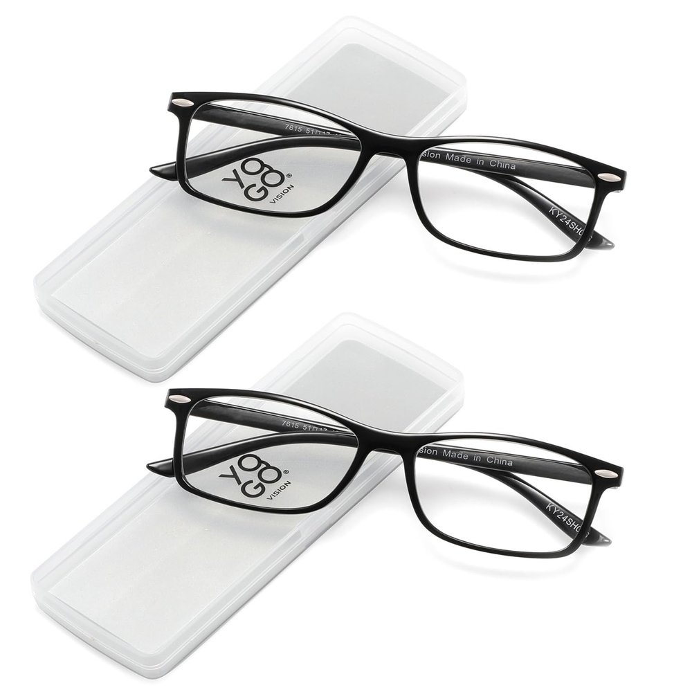 Yogo Vision Ultra Thin Lightweight Reading Glasses Men Women Stylish & Featherlight Frame With Clear Storage Case 2 Pack (Black +2.00)