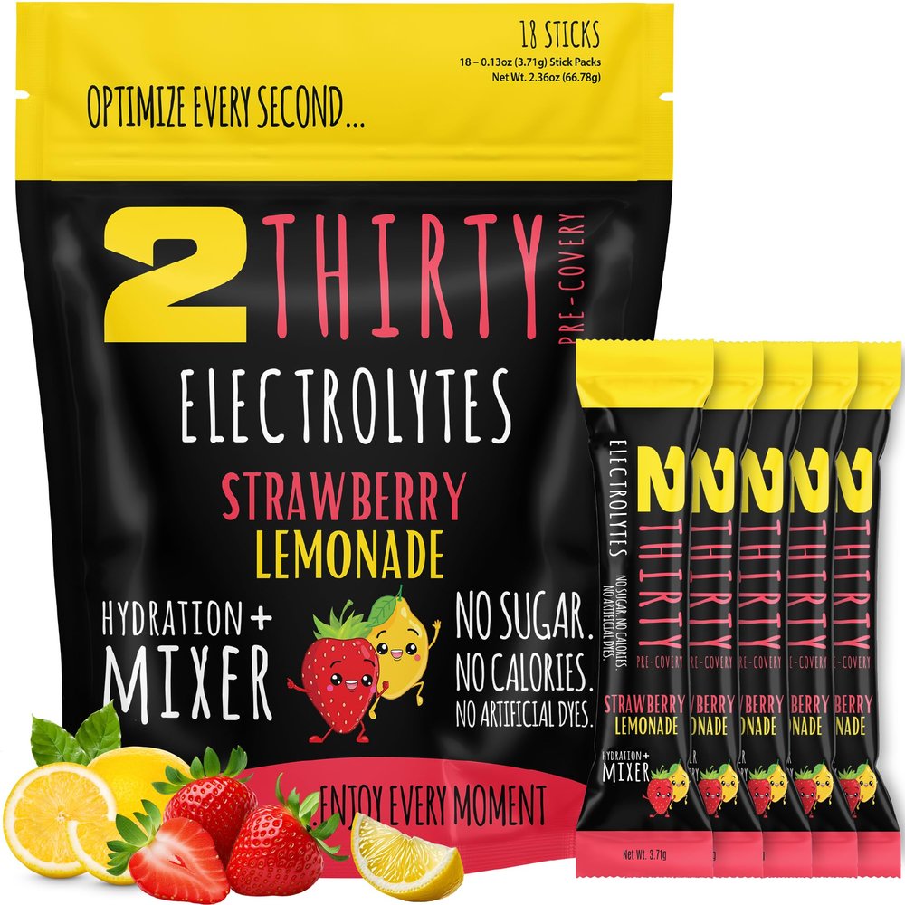 2THIRTY Hydration + Mixer DHM Alternative Electrolyte Powder Packets | Zero Sugar 5-in-1 Hydration & Recovery Drink with Vitamin B12 & Antioxidants | Strawberry Lemonade 18 Sticks