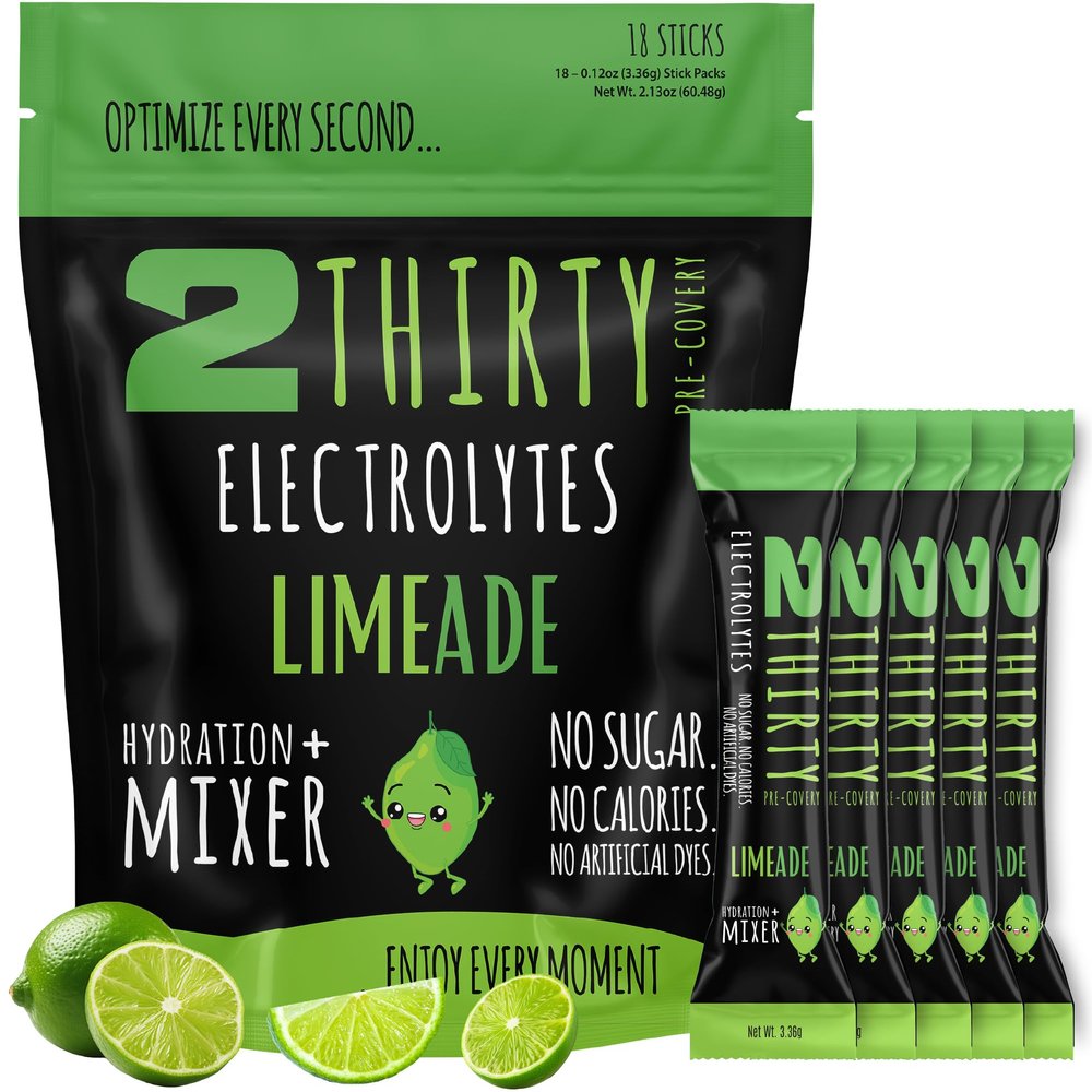 2THIRTY Hydration + Mixer DHM Alternative Electrolyte Powder Packets | Zero Sugar 5-in-1 Hydration & Recovery Drink Mix | Vitamin B12 Antioxidants | Limeade 18 Sticks