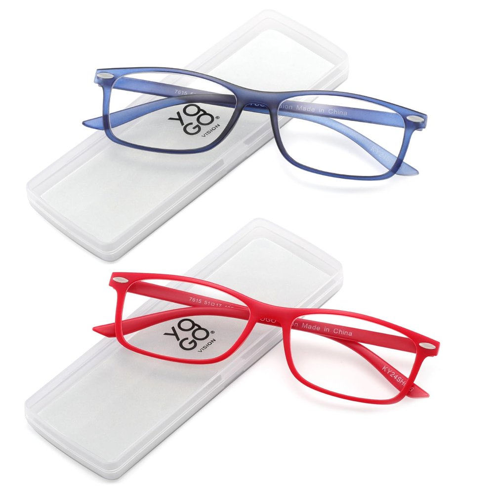 Yogo Vision Ultra Thin Lightweight Reading Glasses Men Women Stylish & Featherlight Frame With Clear Storage Case 2 Pack (Navy, Red +3.50)