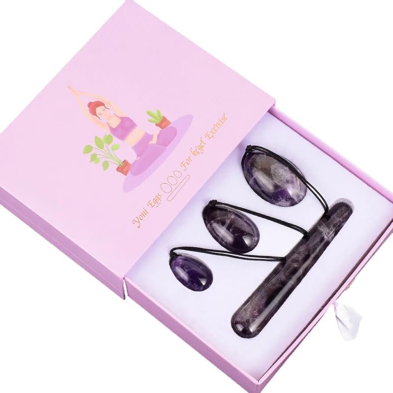 Amethyst Egg Yoni Set Crystal Quartz Natural Stone Mineral Ball Kegel Exercise,Four Items and A Box