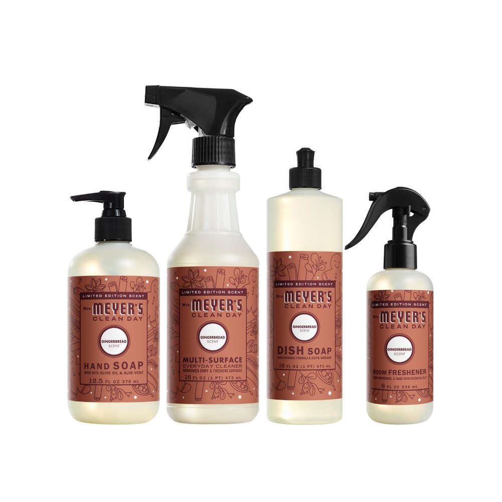 Mrs. MEYER'S CLEAN DAY 4 Pack Variety Pack, Liquid Hand Soap 12.5 FL OZ, Dish Soap 16 FL OZ, Multi-Surface Cleaner 16 FL OZ, Room Freshener 8 FL OZ, 1 CT (Gingerbread)