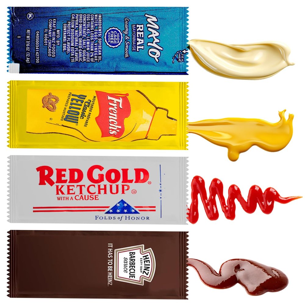 100 Count Total - Variety Pack Single Serve Pouches of Each: Ketchup, Mustard, BBQ, and Mayo - Great for Picnics, Restaurants, On the Go.