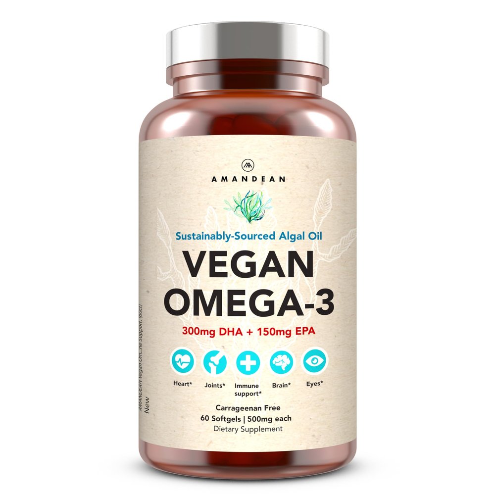 AMANDEAN Vegan Omega 3 Supplement. Premium Fish Oil Alternative. Algae DHA & EPA. Carrageenan Free Softgels. Algal Essential Fatty Acids. Plant Based Heart, Brain, Eye, Skin, Immune Support. (60ct)