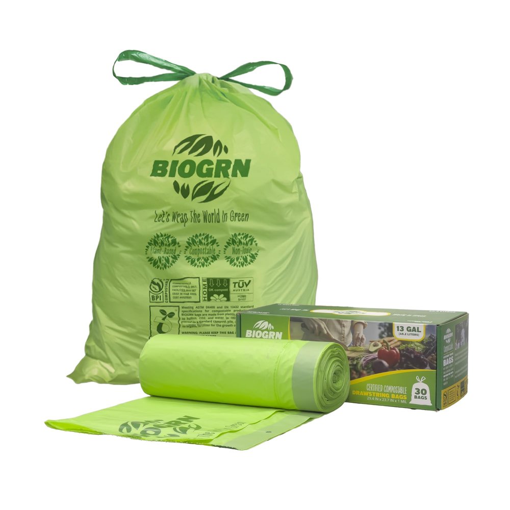 10-13 Gallon Compostable Trash Bags Drawstring 30 Bags Heavy Duty Extra Thick 1 Mil 49.21 Liter Biodegradable Trash Bags Compost Bags Green for Kitchen ASTM D6400 US BPI and OK Compost Home Certified