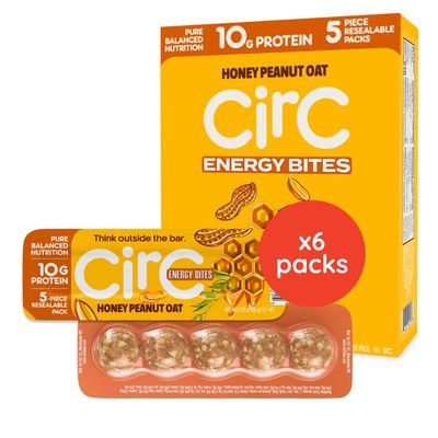 CirC Energy Bites - 6 Pack Honey Peanut Oat Gluten Free Protein Balls -10g Protein, Whole Grains, Nuts & Fruit - Portable Healthy Snacks for Adults & Kids, 5 Piece Resealable Packs