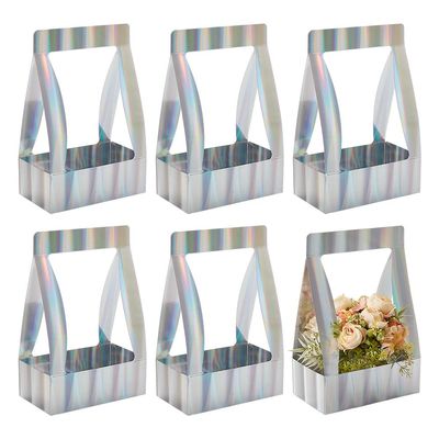 AHANDMAKER 6Pcs Paper Flower Gift Bags, Silver Bouquet Bags with Handle, Bouquet Packaging Bags Wedding Bouquet Boxes, Flower Wrapping Bag for Valentine's Wedding Bridal Shower Anniversary Party Decor