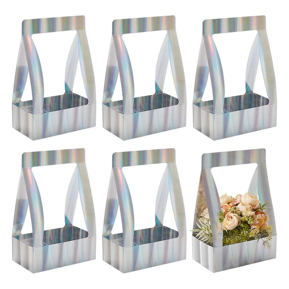 AHANDMAKER 6Pcs Paper Flower Gift Bags, Silver Bouquet Bags with Handle, Bouquet Packaging Bags Wedding Bouquet Boxes, Flower Wrapping Bag for Valentine's Wedding Bridal Shower Anniversary Party Decor