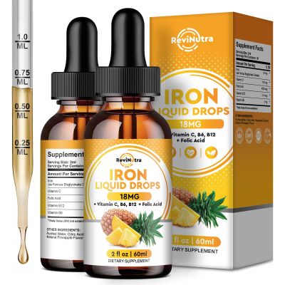 2 Pack Liquid Iron Supplement for Women, Men & Kids, Liquid Iron Drops with Folate, Vitamin C, B6, B12 for Anemia, Red Blood Cell, Energy Support, Pineapple Flavor