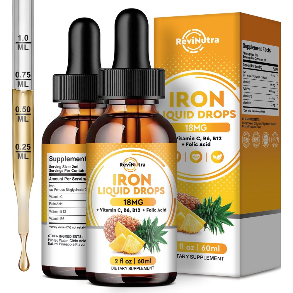 2 Pack Liquid Iron Supplement for Women, Men & Kids, Liquid Iron Drops with Folate, Vitamin C, B6, B12 for Anemia, Red Blood Cell, Energy Support, Pineapple Flavor