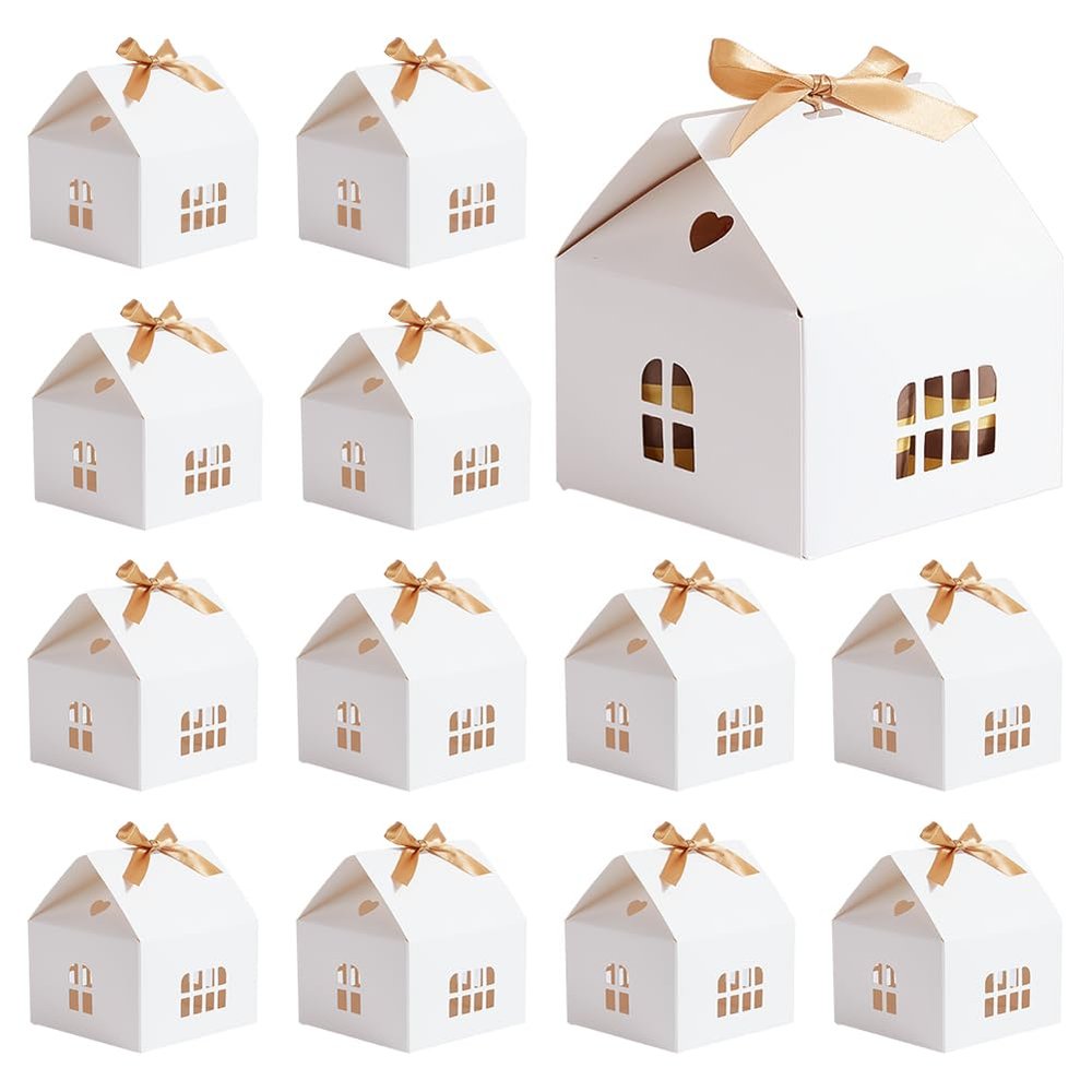 PH PandaHall House Shaped Gift Boxes 12 Sets White Cardboard Treat Boxes Wedding Favors with Ribbon Present Box with Small Windows for Gift Giving Anniversaries Birthday Party 4.9x4.9x5.3 Inch