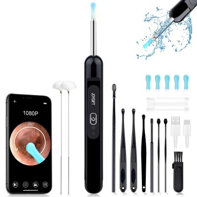 Ear Wax Removal, Ear Cleaner with 1080P HD Camera, with 6 LED Lights/IP67 Waterproof Lens/8 Traditional Tools Ear Wax Removal Kit, Rechargeable Ear Cleaning kit for iOS, Android, Tablet (Black)