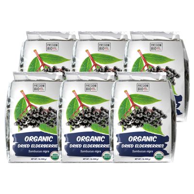 Dried Elderberries Organic 1 lb Bulk Bag - USDA Certified, Non-GMO Sambucus Nigra, Whole Dried Elderberry - Natural, No Added Sugar, No Preservatives (1 Pound (Pack of 6))