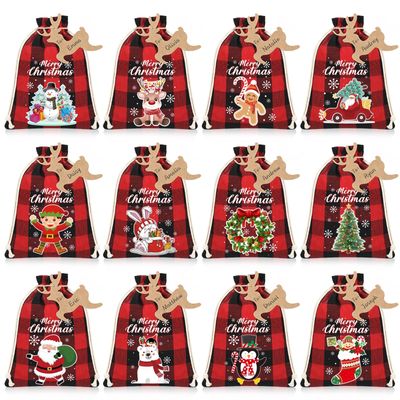 Airabc 24 Pcs Christmas Burlap Gift Bags, Small Goody Bags with Drawstrings for Xmas Holiday Party Favors Supplies, 12 Designs (7 x 5 Inch)
