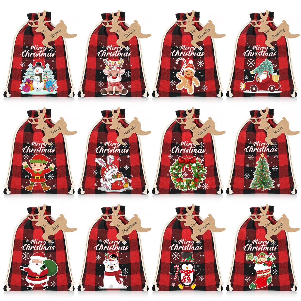 Airabc 24 Pcs Christmas Burlap Gift Bags, Small Goody Bags with Drawstrings for Xmas Holiday Party Favors Supplies, 12 Designs (7 x 5 Inch)