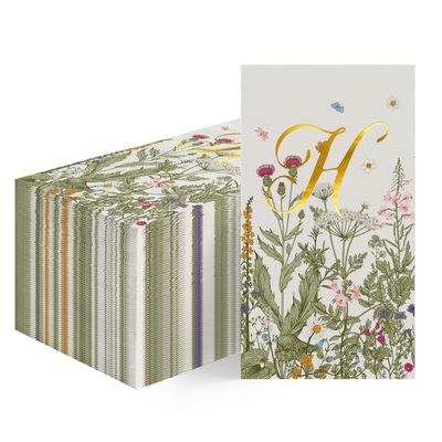 Horaldaily 100 Spring Monogram Disposable Paper Decorative Guest Napkins, Watercolor Flowers Gold Foil Letter H for Party Lunch Dinner Kitchen Bathroom